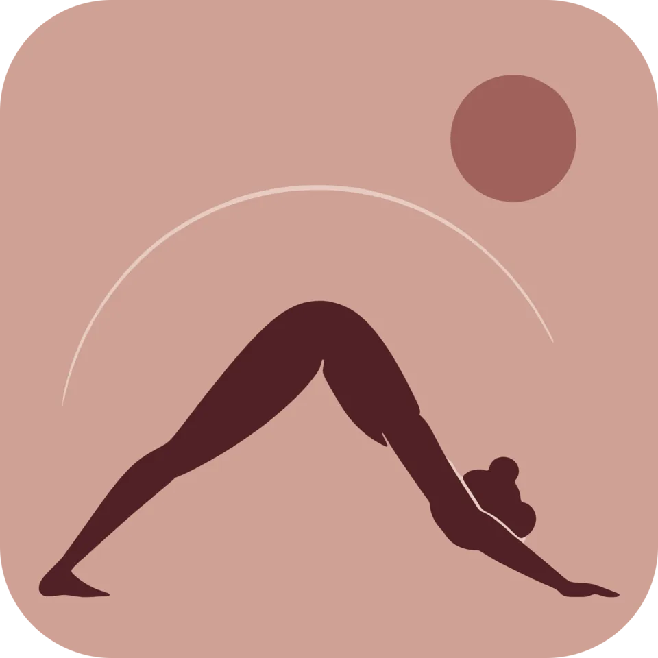 Ilustração do Vinyasa Yoga: postura do cachorro olhando para baixo sob um sol